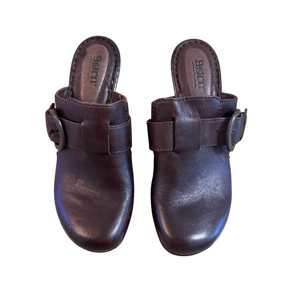 NWOB Born Dark Brown Leather Heeled Clog Mules Size 8 Cottagecore Fall Chic - Picture 2 of 8